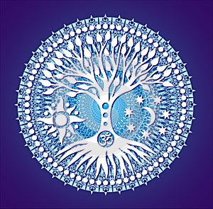 Mandala Tree of Life. Symbolic tree on blue tracery background. Vector