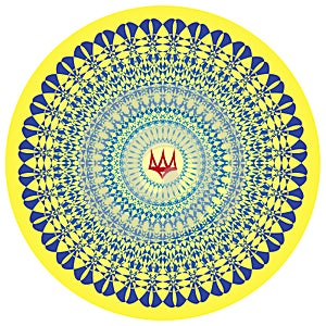 Mandala with a trident in the center. Ukraine. Colors of the Ukrainian flag blue and yellow.