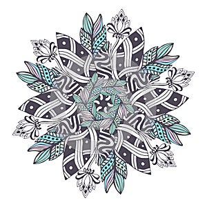 Mandala vector in floral style. Zentangle for coloring book pages. Ornament pattern for henna tattoo design