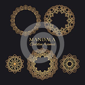 Mandala vector luxury illustrations set. Golden circle decorative ornaments and frames