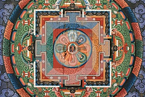 A mandala was painted on the ceiling of the gate of a buddhist temple in Thimphu (Bhutan)