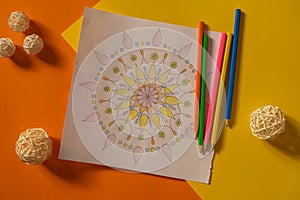 Mandalas antistress page to combat stress. Relaxing hobby mental wellbeing and art therapy. Meditative process of