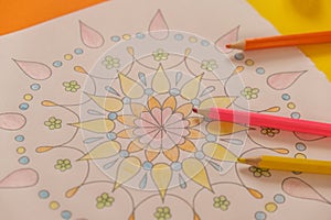 Mandalas antistress page to combat stress. Relaxing hobby mental wellbeing and art therapy. Meditative process of