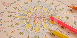 Mandalas antistress page to combat stress. Relaxing hobby mental wellbeing and art therapy. Meditative process of