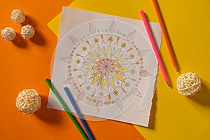 Mandalas antistress page to combat stress. Relaxing hobby mental wellbeing and art therapy. Meditative process of