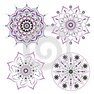 4 Mandalas Vector blue ,pink ,yellow ,purple and black outline on white background