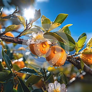 mandarin blooming white flowers ,bee and butterfly sitting on fruits, mandarin,olives,with drops of morning dew watercherrylemon