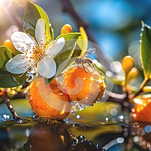 mandarin blooming white flowers ,bee and butterfly sitting on fruits, mandarin,olives,with drops of morning dew watercherrylemon