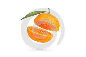 Mandarin cut in half with a green leaf. Fresh tangerine on a white isolated background. Open mouth concept. Tangerine