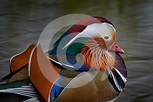 Mandarin Duck, Aix galericulata, sitting on the branch with blue water surface in background. Beautiful bird near the river water