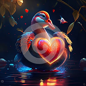 Mandarin Duck hugging heart 3D rendering of a red heart and a swan on the water Generative AI animal ai