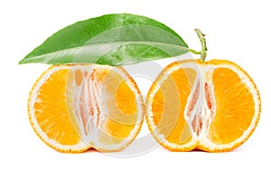 Mandarin with leaf cut in half isolated on a white