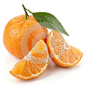 Mandarin orange fruit with slice and leaf
