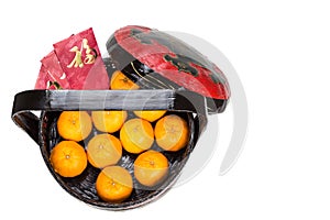 Mandarin oranges in basket with red envelope Good Luck character