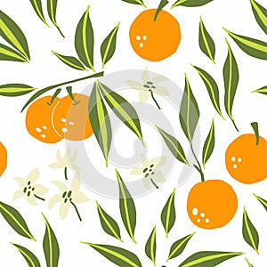 Mandarin seamless pattern. Exotic tropical orange citrus fruit, juicy tangerine with green leaves, vector cartoon minimalistic