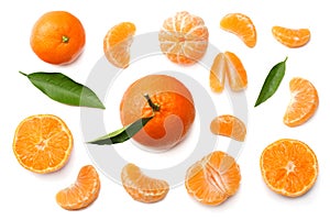 mandarin with slices and green leaf isolated on white background top view