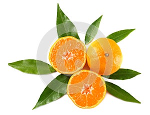 Mandarin with slices and green leaf isolated on white background top view