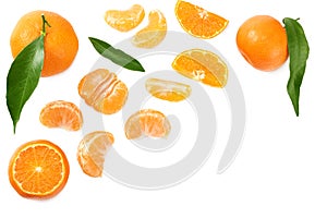 mandarin with slices and green leaf isolated on white background. top view