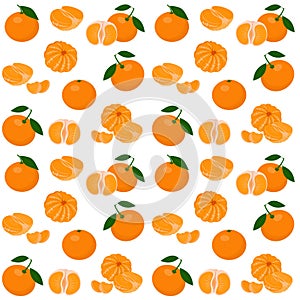 Mandarin, tangerine, clementine with leaves isolated on white background. Citrus fruit background. Seamless pattern