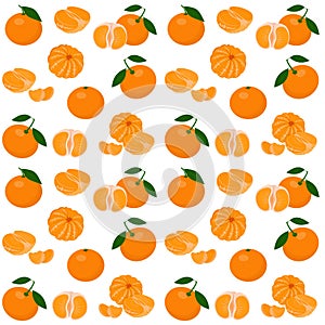Mandarin, tangerine, clementine with leaves isolated on white background. Citrus fruit background. Seamless pattern. Vector