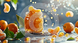 Mandarine jam in the jar with levitating flying ingredients around. Tasty food