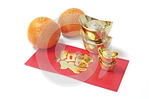 Mandarins, gold Ingots and Red Packet photo