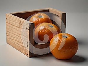 Mandarins in wooden box Hyperrealist Highly Detailed Isolated Wight background