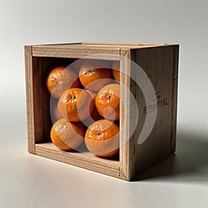 Mandarins in wooden box Hyperrealist Highly Detailed Isolated Wight background