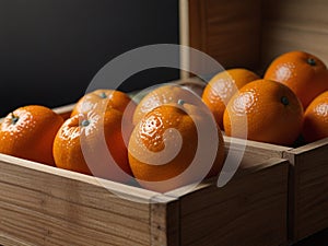 Mandarins in wooden box Hyperrealist Highly Detailed Isolated Wight background