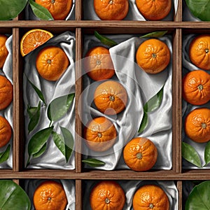 Mandarins in wooden box Hyperrealist Highly Detailed Isolated Wight background