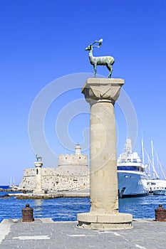 Mandarki harbor entrance of Rhodes, Dodecanese, Greece