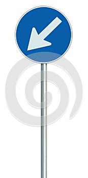 Mandatory keep left United Kingdom UK road sign on pole post, large blue round isolated traffic lane route reroute roadside