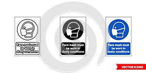 Mandatory signs face mask must be worn industy conditions icon of 3 types color, black and white, outline. Isolated vector sign