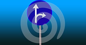 Mandatory straight or right turn ahead, traffic lane route direction sign pointer road sign, choice concept, blue isolated
