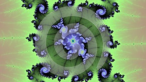 A mandelbrot fractal in spiral forms similar to mandalas in red, green, ligth blue and yellow  contrast