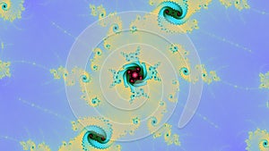 A mandelbrot fractal in spiral forms similar to mandalas in red, green, ligth blue and yellow  contrast