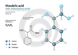 Mandelic acid. AHA Alphahydroxy acid. Structural chemical formula and molecule 3d model. Atoms with color coding. Vector