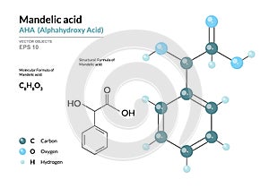 Mandelic acid. AHA Alphahydroxy acid. Structural chemical formula and molecule 3d model. Atoms with color coding. Vector photo