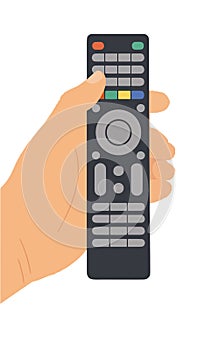 Hand holding remote control pressing television button