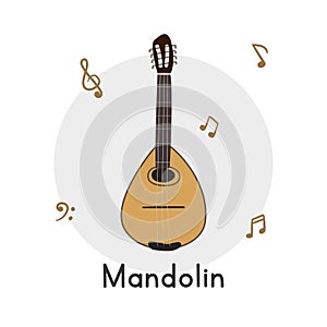 Mandolin clipart cartoon style. Simple cute mandolin string musical instrument flat vector illustration. Mandolin vector design
