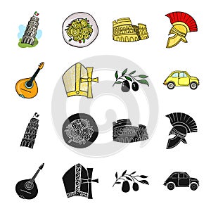 Mandolin, papa, olive, retro auto.Italy country set collection icons in black,cartoon style vector symbol stock