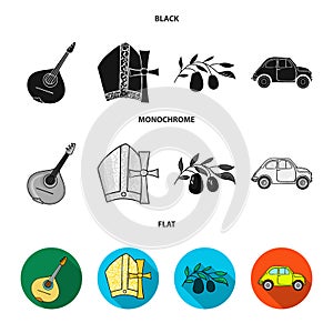 Mandolin, papa, olive, retro auto.Italy country set collection icons in black, flat, monochrome style vector symbol