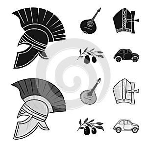 Mandolin, papa, olive, retro auto.Italy country set collection icons in black,monochrom style vector symbol stock