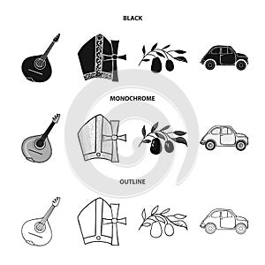 Mandolin, papa, olive, retro auto.Italy country set collection icons in black,monochrome,outline style vector symbol