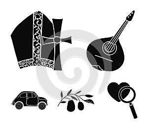 Mandolin, papa, olive, retro auto.Italy country set collection icons in black style vector symbol stock illustration web