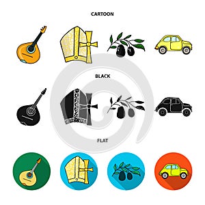 Mandolin, papa, olive, retro auto.Italy country set collection icons in cartoon,black,flat style vector symbol stock