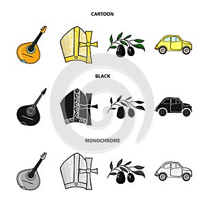 Mandolin, papa, olive, retro auto.Italy country set collection icons in cartoon,black,monochrome style vector symbol