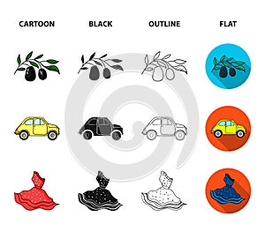 Mandolin, papa, olive, retro auto.Italy country set collection icons in cartoon,black,outline,flat style vector symbol