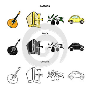 Mandolin, papa, olive, retro auto.Italy country set collection icons in cartoon,black,outline style vector symbol stock