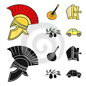 Mandolin, papa, olive, retro auto.Italy country set collection icons in cartoon,black style vector symbol stock